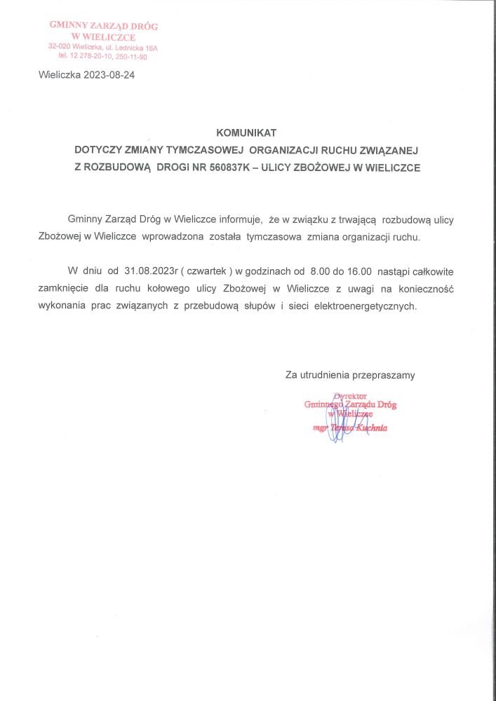 komunikat tmczasowa zmiana organizacji ruchu rozbudowa ulicy zbozowej w wieliczce.jpg