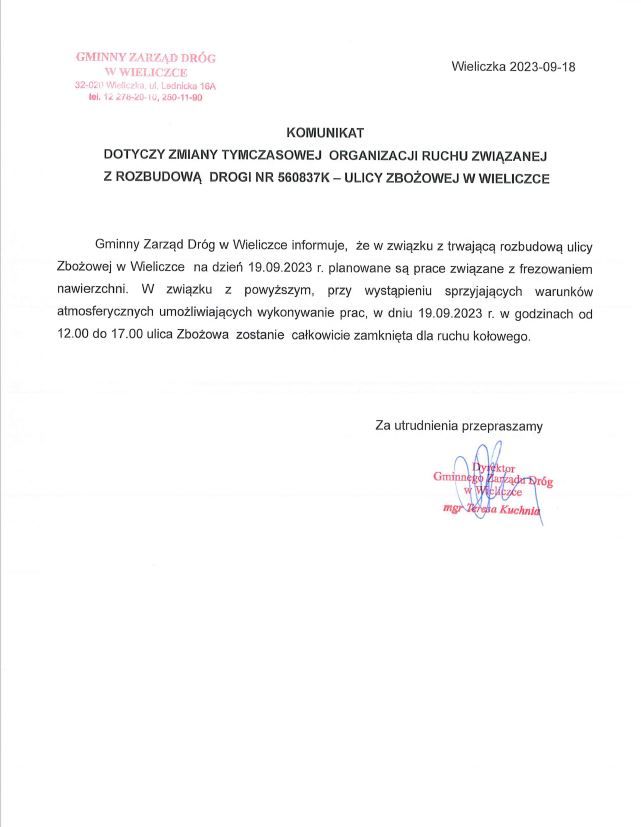 komunikat ZDG ul zbozowa Wieliczka.JPG