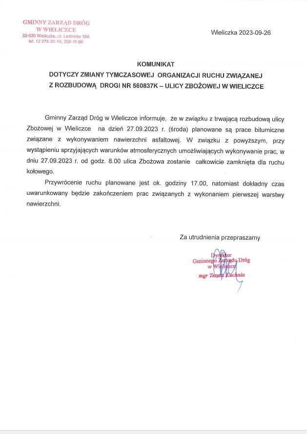 tymczasowa zmiana organizacji ruchu droga nr 560837k - ul. Zbożowa gm Wieliczka.JPG